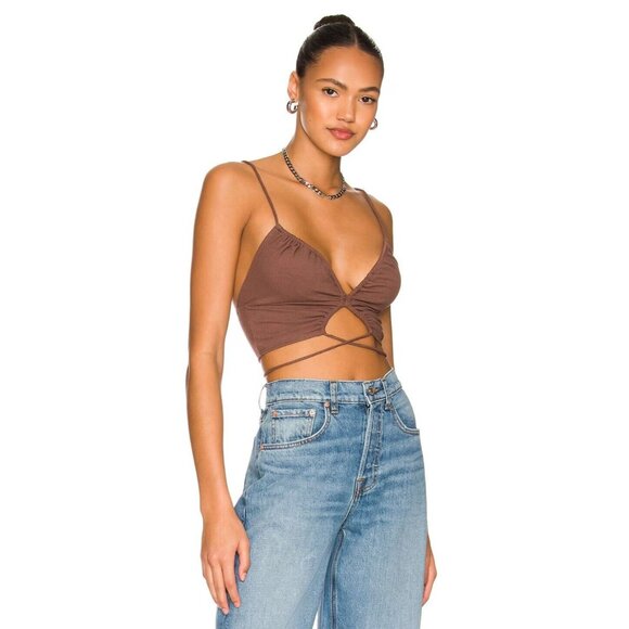 SUPERDOWN Daliah Brown Ribbed Jersey Ruched Cropped Cami Wrap Tank Top, Size S - Picture 2 of 9